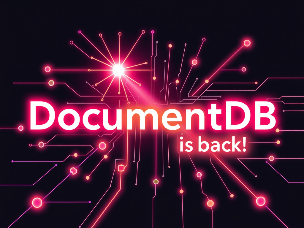 Decorative graphi with black backgound and pink networking and node lines spraying out from the words "DocumentDB is Back!" AI Generated