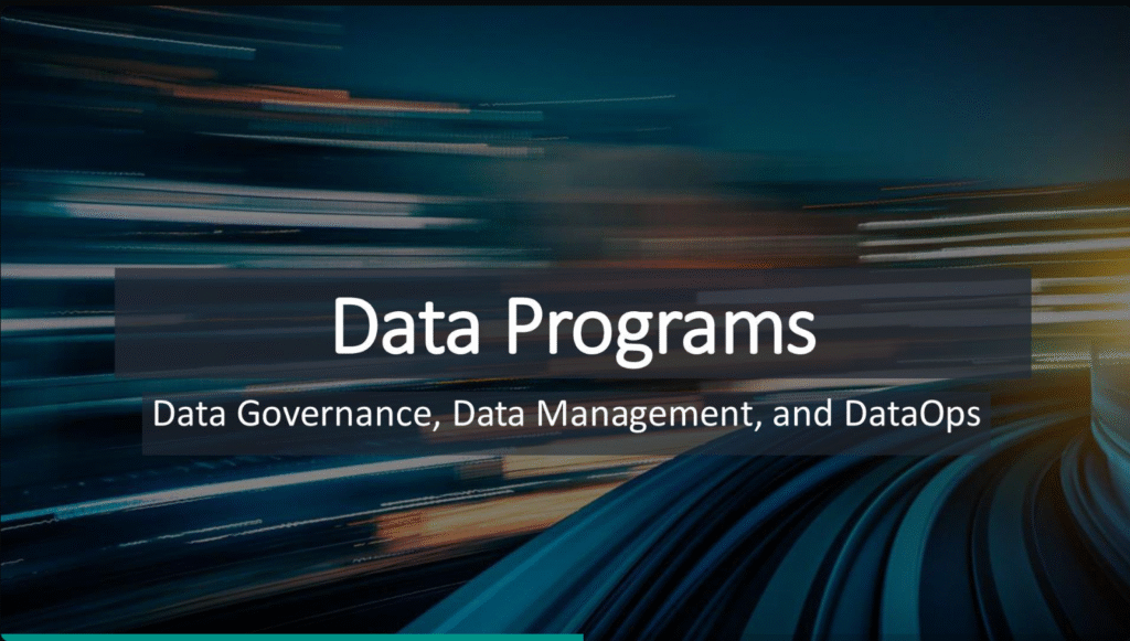 Title slide for an Ethical AI presentation featuring the text 'Data Programs' with a subtitle 'Data Governance, Data Management, and DataOps'. The background displays a blurred motion effect suggesting speed and technology.  